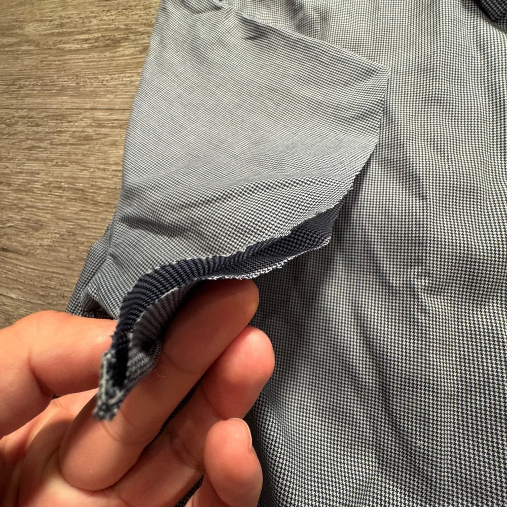 Banana Republic Shirt Mens L Blue Micro Houndstooth Cotton Cutoff Raw Sleeve